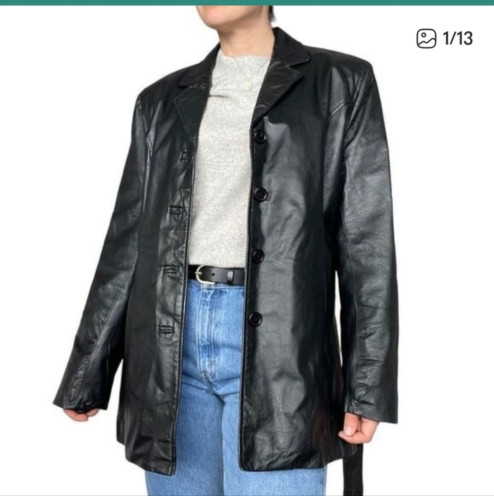 Vintage Leather Oversized Black Blazer Jacket Coat Women Size Medium M Classic